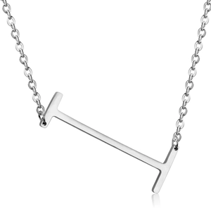 Detail of silver letter I pendant on a classic O-chain minimalist stainless steel necklace