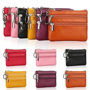 Coin Purse First Layer Cowhide Leather Three Zipper Pockets Lychee Texture Small Wallet With Key Ring Unisex
