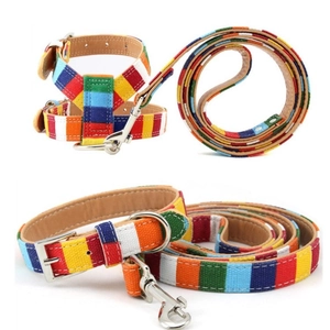 Rainbow canvas pet harness and leash set with durable metal buckle and leather lining