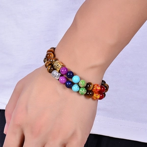 Double-layer beaded bracelet with natural tiger eye stones and Buddha head charms