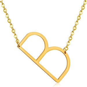 Detailed view of polished 18K gold plated stainless steel letter B pendant necklace