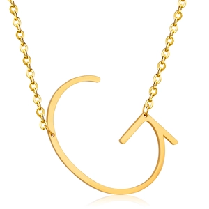 Detailed view of polished 18K gold plated stainless steel initial C pendant necklace
