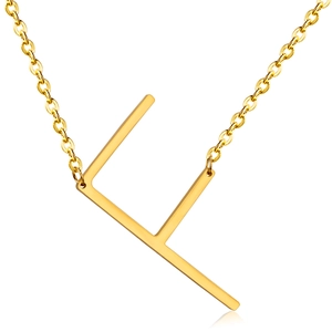 Close-up of polished 18K gold plated stainless steel letter F pendant on fine chain