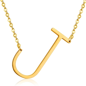 Detailed view of capital letter J pendant on 18K gold plated stainless steel necklace