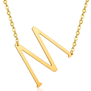 Detailed view of capital M letter pendant in 18K gold plated stainless steel on O-chain