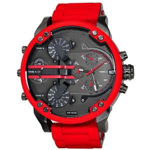 Macro detail of red silicone strap and four-timezone dial on men's oversized watch