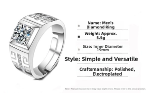 Detailed macro of a silver men's ring featuring a square cut stone and Greek key engraving