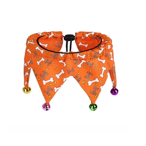 Detail of Halloween pet collar with bells and trick or treat pattern, adjustable 20-39cm