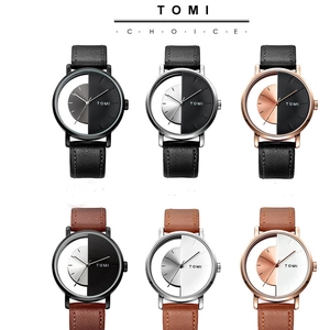 Minimalist quartz watch with hollow design and leather strap in six color variants