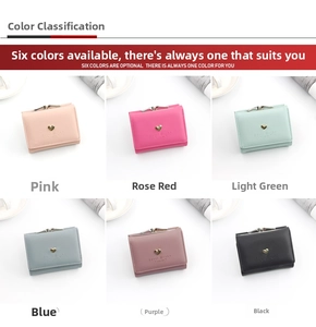 Collection of short PU leather wallets in six colors with gold heart metal buckle