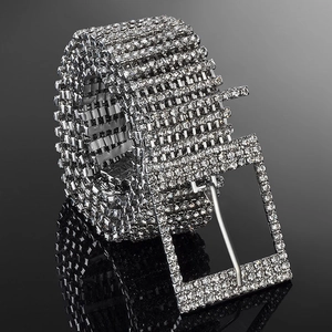 Luxury silver ten-row rhinestone waist belt with large rectangular crystal buckle