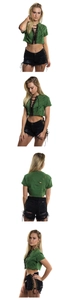 Detail showing distressed black denim shorts with side lace-up ties and ripped design