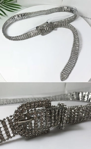 Close-up detail of luxury silver rhinestone belt with ten rows of sparkling crystals