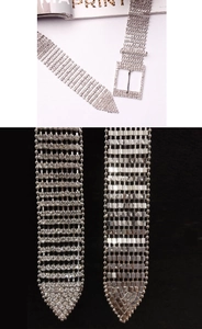 Detailed views of luxury ten-row silver crystal rhinestone belt with square buckle