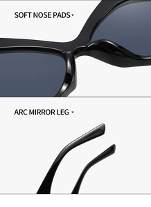 Detail of soft nose pads and curved temples on black irregular geometric sunglasses