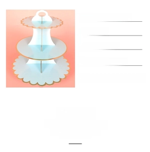 Detailed view of 3-tier light blue paper cake stand with elegant gold foil scalloped edges