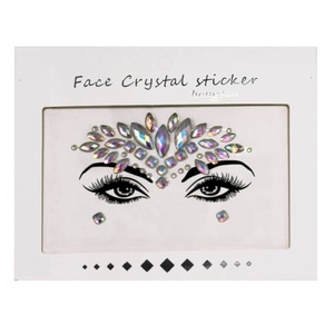 Detailed macro view of AB iridescent face crystals with teardrop and round rhinestone shapes