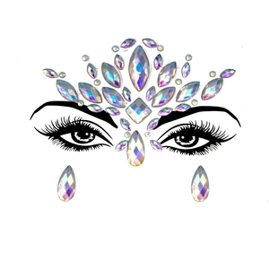 Detailed view of iridescent waterdrop face gems and rhinestone makeup stickers on model face