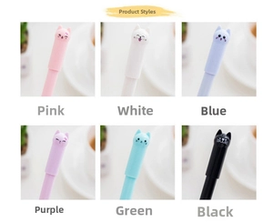 Detail view of 6 colorful cat-themed gel pens with cute expression caps in a grid layout