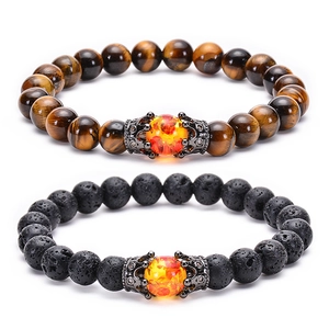 Natural Tiger Eye Gemstone Bracelet Beaded Lava Stone With Copper Zircon Crown Charm Handmade Elastic For Men Women