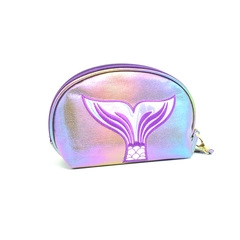 Detailed macro view of holographic makeup bag featuring a purple mermaid tail pattern