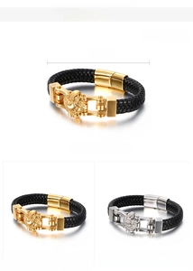 Detail view of lion head leather bracelet with size specs 210mm length and 12mm width