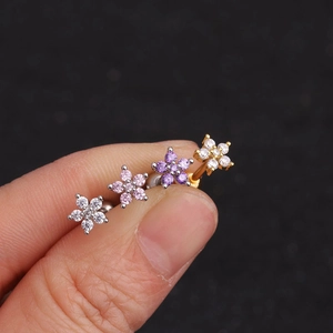 Floral stainless steel cartilage studs with colorful zirconia and flat back design