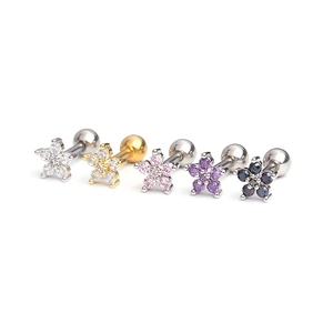 Set of five stainless steel flower stud earrings with colorful gemstones and screw backs