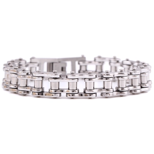 Detailed view of polished stainless steel bike chain bracelet with a shiny finish