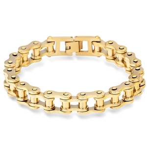 Close-up of 12mm golden stainless steel bracelet with industrial bike chain link design