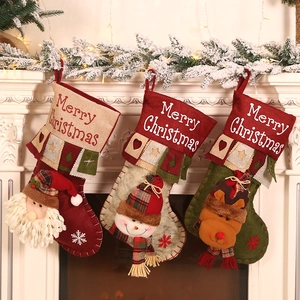 Christmas Stockings Gift Bags 3D Plush Santa Snowman Reindeer Characters Burlap Felt Patchwork Xmas Holiday Home Decor