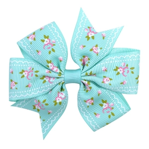 Sweet light blue floral daisy print ribbon hair clip with white lace trim for girls