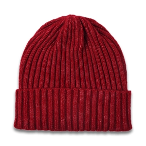 Detailed view of the thick ribbed knit texture on a wine red children beanie hat