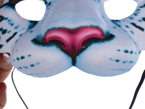 Detail shot of the knit fabric texture and pink nose of the snow leopard party mask