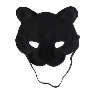 Detailed view of black EVA snow leopard mask featuring textured surface and elastic strap