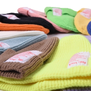 Kids ribbed knit beanie in bright candy colors with stylish logo patch decoration
