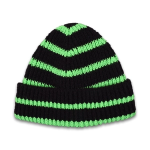 Bonnet en maille rayé noir et vert fluo pour enfants en laine mélangée côtelée