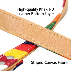 Canvas striped pet collar with khaki PU leather strap and sturdy metal rivets