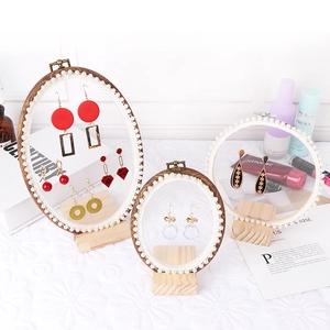Lace embroidery hoop earring display stands with wooden frames for jewelry organization