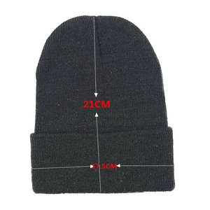 Black ribbed knit beanie with fold-over cuff showing dimensions 21cm height and 17.5cm width