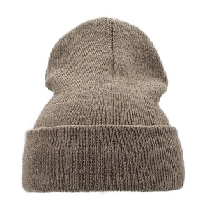 Close-up of brown knit beanie showing detailed ribbed texture and folded cuff design