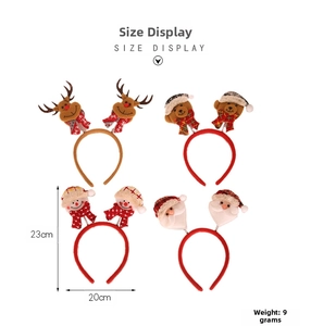 Size display of four Christmas headbands featuring reindeer, snowman and Santa Claus characters