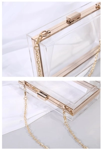 Detail of transparent acrylic box bag with gold metal frame and snap closure mechanism