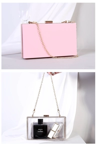 Detail view of pink and clear acrylic box bags showing internal storage for essentials