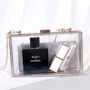 Transparent acrylic crossbody box bag with gold metal chain strap and lock closure