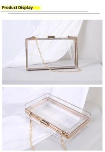 Detail of transparent acrylic box bag featuring golden metal frame and chain strap