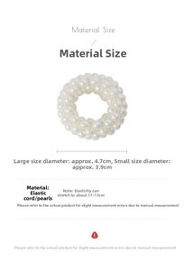 Detailed size chart for pearl hair ties showing dimensions and elastic stretch capacity