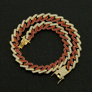 Golden 13mm Cuban link chain necklace for men with red and white sparkling crystals