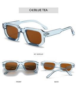Three views of retro square sunglasses in blue transparent frame with tea lenses