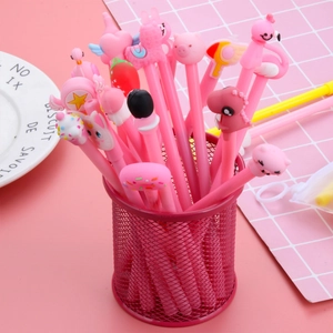 Cute pink cartoon gel pen set with assorted animal charms in a stylish desk organizer